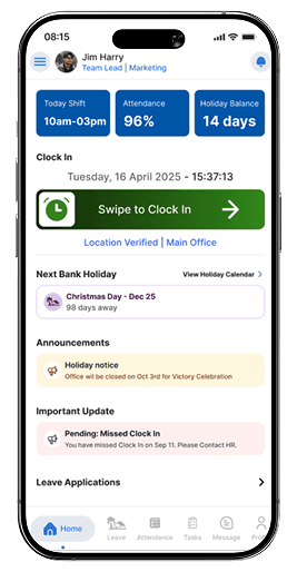 WPC HR mobile app showing a worker's compliant clock-in dashboard