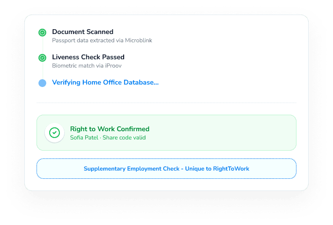 Right to Work verification panel showing document scan, liveness check and confirmed RTW status